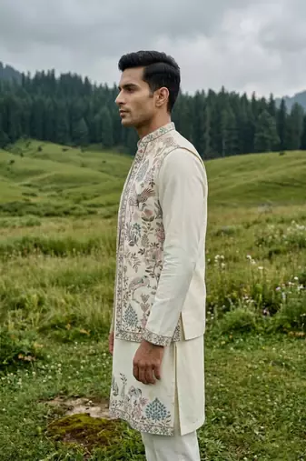 off white silk kurta jacket set with embroidery