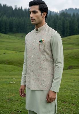 pista green silk mens jacket kurta set with thread sequins 2