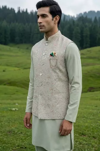 pista green silk mens jacket kurta set with thread sequins