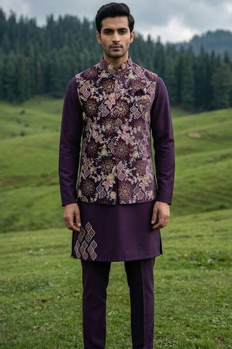 purple silk kurta jacket set with embroidery