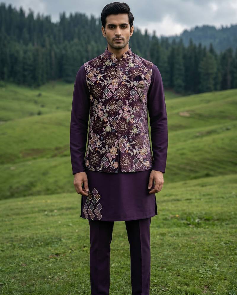 purple silk kurta jacket set with embroidery