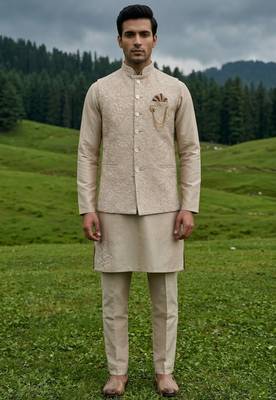 gold silk mens kurta jacket set with thread sequins 2