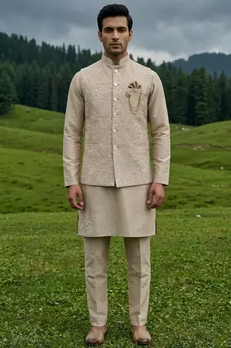 gold silk mens kurta jacket set with thread sequins