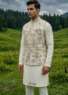 cream silk kurta jacket set with embroidery 2