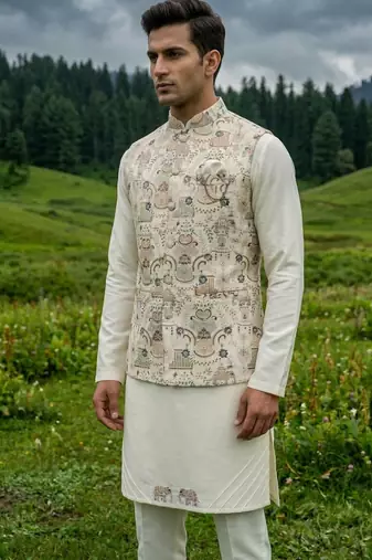 cream silk kurta jacket set with embroidery