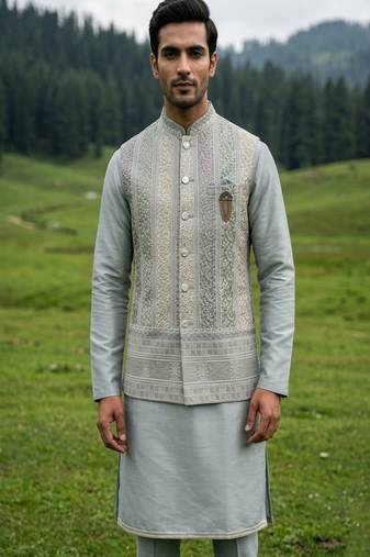 dark grey silk mens kurta jacket set with thread sequins