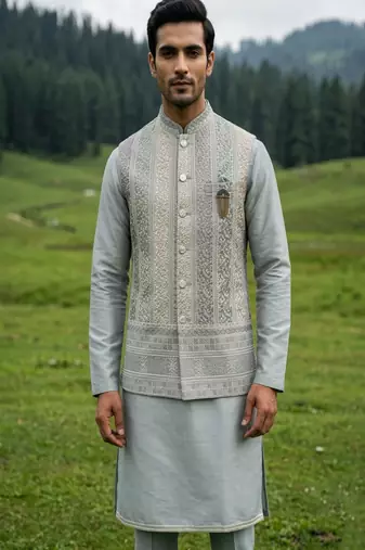 dark grey silk mens kurta jacket set with thread sequins