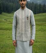 dark grey silk mens kurta jacket set with thread sequins