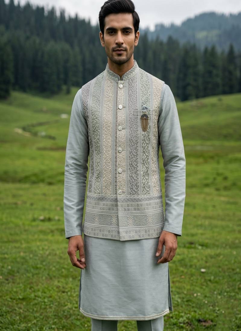 dark grey silk mens kurta jacket set with thread sequins