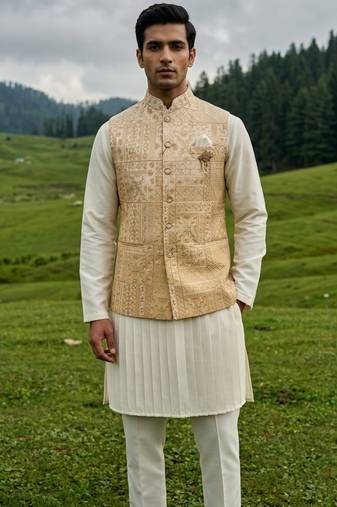 ivory silk mens kurta set with yellow designer jacket