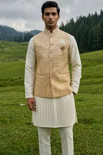 ivory silk mens kurta set with yellow designer jacket