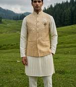 ivory silk mens kurta set with yellow designer jacket