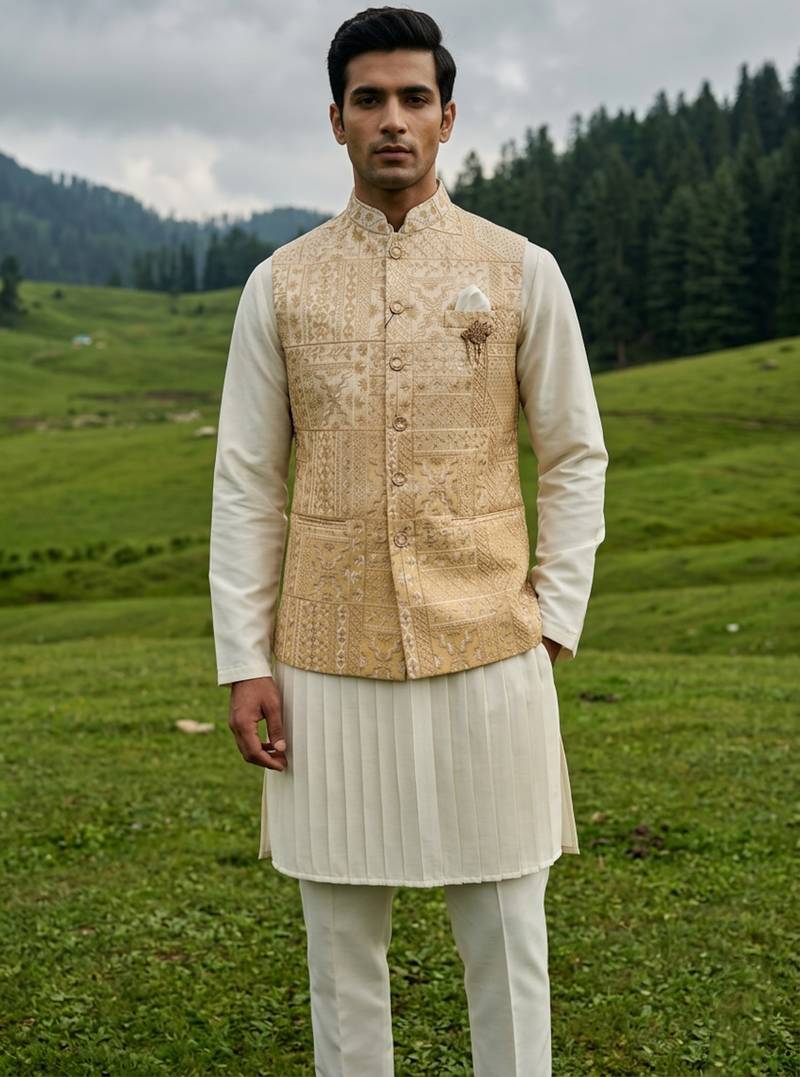 ivory silk mens kurta set with yellow designer jacket