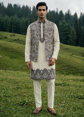 off white silk men's kurta jacket set with sequins work 3