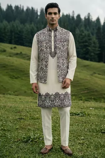 off white silk men's kurta jacket set with sequins work