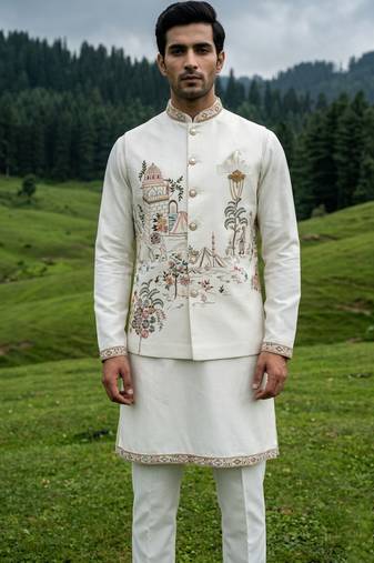 ivory silk blend kurta set with thread sequins
