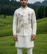 ivory silk blend kurta set with thread sequins