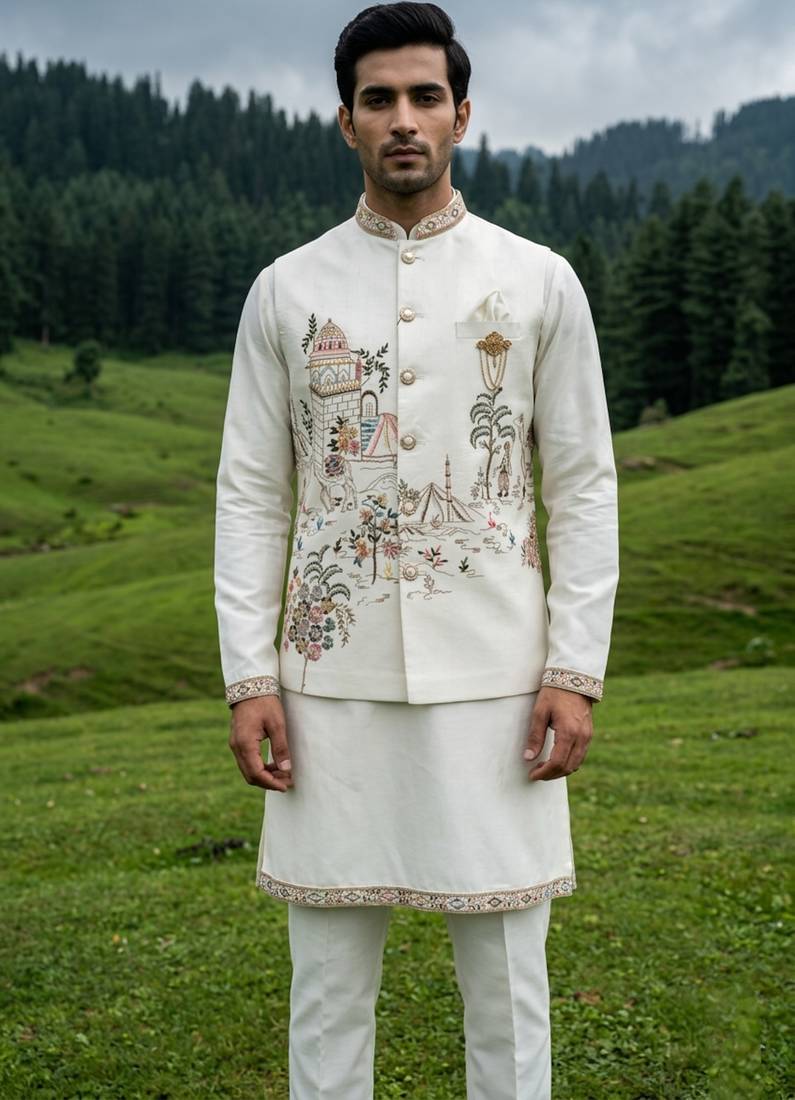ivory silk blend kurta set with thread sequins