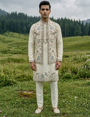 off white silk kurta jacket set with embroidery 3