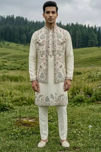 off white silk kurta jacket set with embroidery