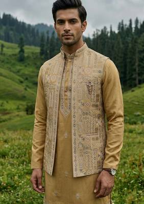 mustard silk kurta jacket set with embroidery 2