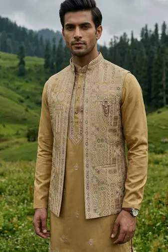 mustard silk kurta jacket set with embroidery