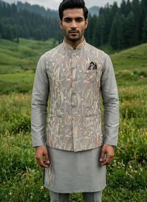 grey silk mens kurta jacket set with sequins work 1
