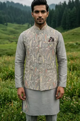 grey silk mens kurta jacket set with sequins work