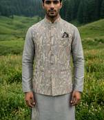 grey silk mens kurta jacket set with sequins work