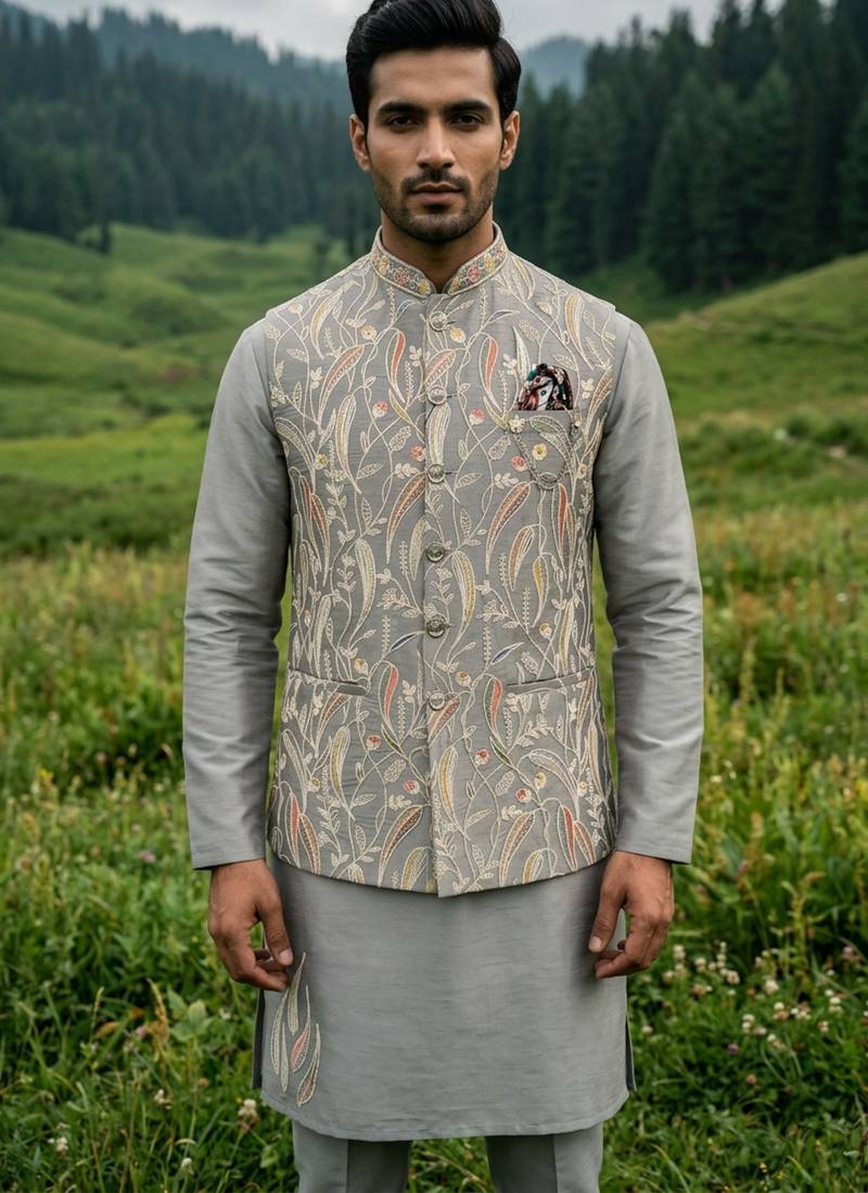 grey silk mens kurta jacket set with sequins work