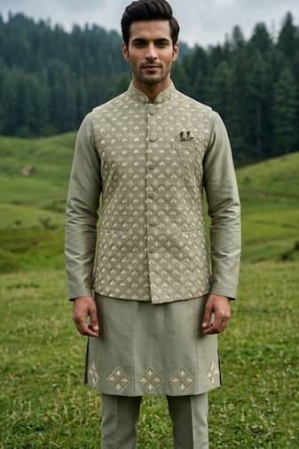 green silk mens kurta jacket set with thread sequins