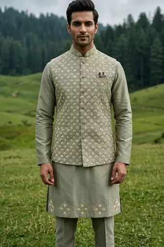 green silk mens kurta jacket set with thread sequins