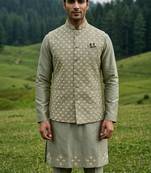 green silk mens kurta jacket set with thread sequins