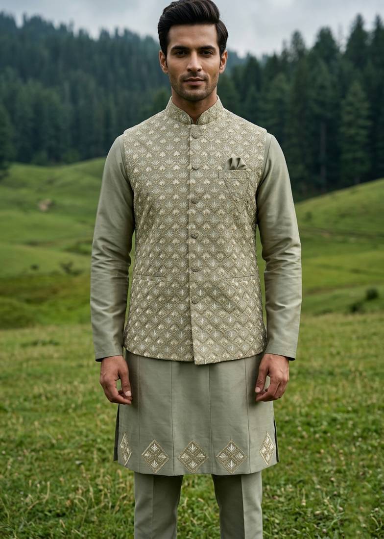 green silk mens kurta jacket set with thread sequins