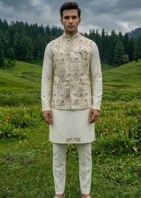 cream silk kurta jacket set with embroidery 3
