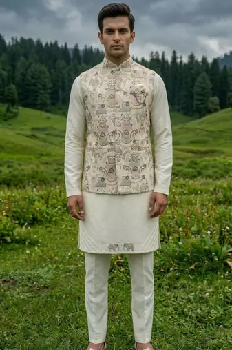 cream silk kurta jacket set with embroidery