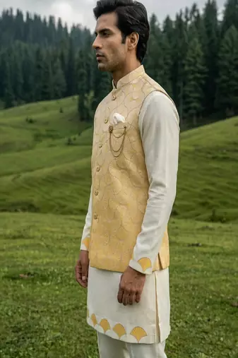 ivory silk kurta set with yellow embroidery jacket