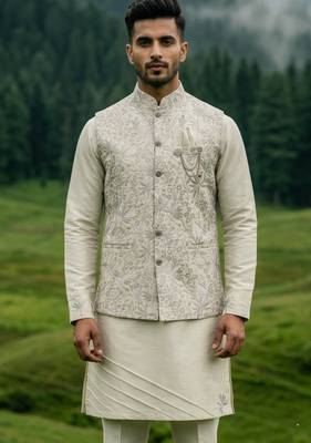 grey silk kurta jacket set with sequins and brooch 1