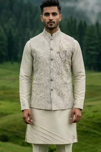 grey silk kurta jacket set with sequins and brooch