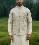 grey silk kurta jacket set with sequins and brooch