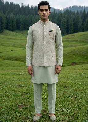 pista green silk mens jacket kurta set with thread sequins 3