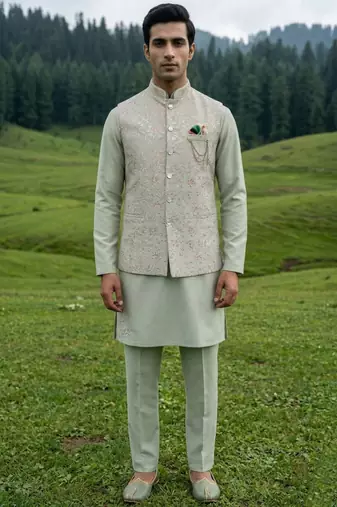 pista green silk mens jacket kurta set with thread sequins