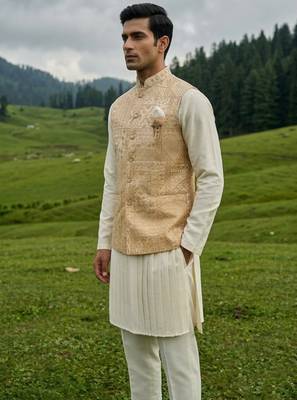 ivory silk mens kurta set with yellow designer jacket 2