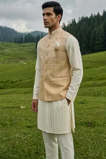 ivory silk mens kurta set with yellow designer jacket