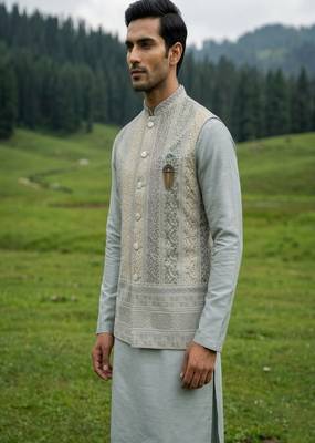dark grey silk mens kurta jacket set with thread sequins 2