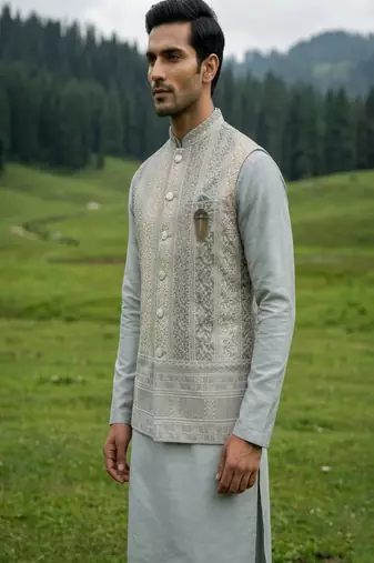 dark grey silk mens kurta jacket set with thread sequins