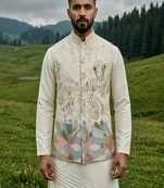 ivory silk mens kurta jacket set with embroidery
