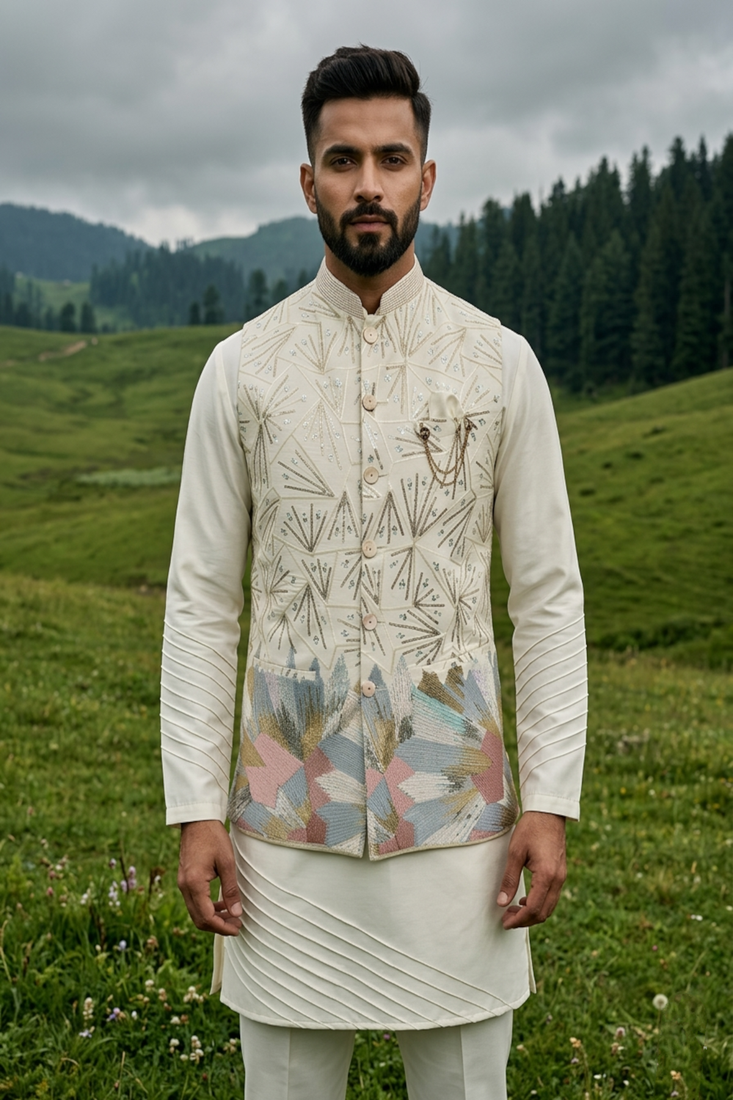 ivory silk mens kurta jacket set with embroidery