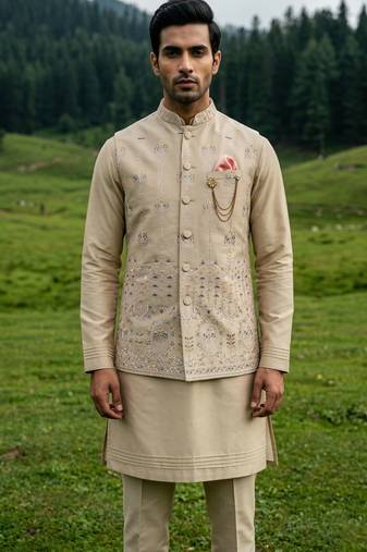 dark beige silk mens kurta jacket set with thread design