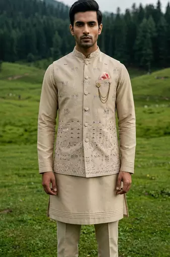 dark beige silk mens kurta jacket set with thread design